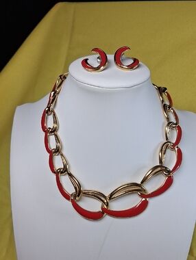 Trifari Gold-Tone Red Link Necklace & Earrings Set - Women's Fashion Jewelry